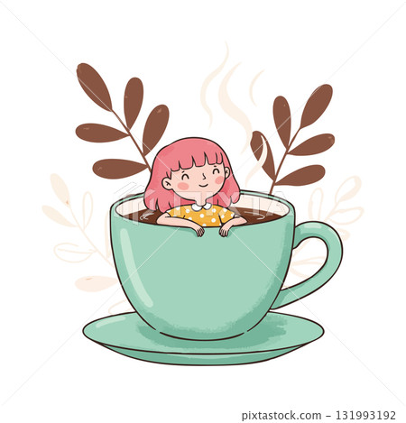 Girl Relaxing in Large Coffee Cup with Brown Leaves Illustration Vector Girl Relaxing in Large Coffee Cup with Brown Leaves Illustration Vector 131993192