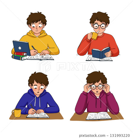 Boy Studying with Books and Coffee in Different Colored Hoodies Vector Illustration 131993220