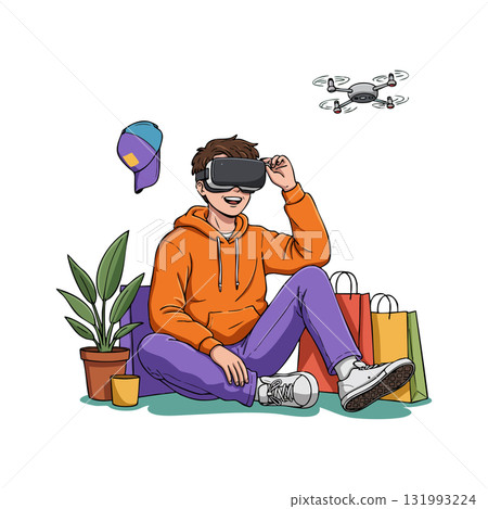 Young person using virtual reality headset with drone and shopping bags vector illustration 131993224