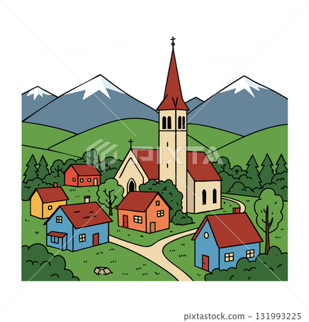 Mountain village landscape with church and houses in countryside vector illustration 131993225