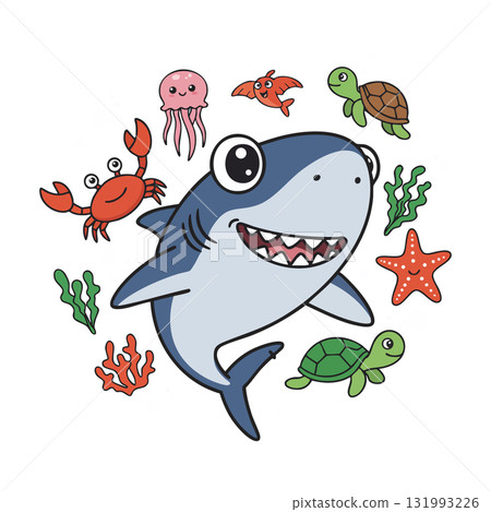Cute shark surrounded by sea turtles, crab, starfish, jellyfish, and fish in ocean scene vector 131993226