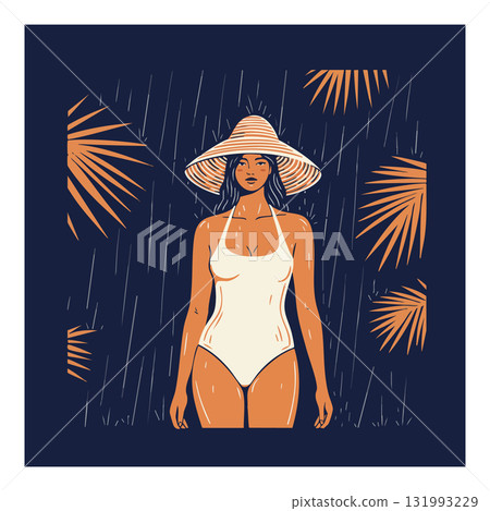 Woman in white swimsuit wearing wide brim hat with tropical leaves vector illustration Woman in white swimsuit wearing wide brim hat with tropical leaves vector illustration 131993229