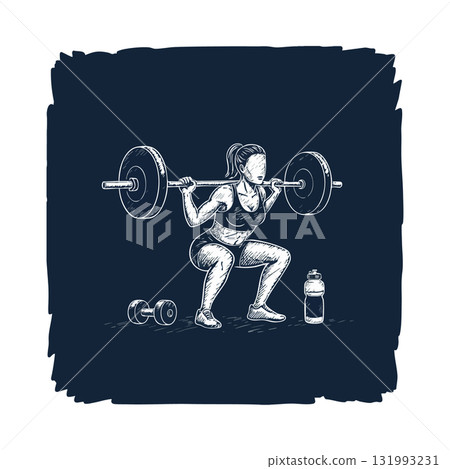 Woman performing barbell squat exercise with dumbbell and water bottle illustration fitness theme Woman performing barbell squat exercise with dumbbell and water bottle illustration fitness theme 131993231