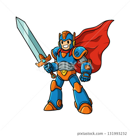 Cartoon robot warrior with sword and red cape in blue and orange armor vector illustration 131993232