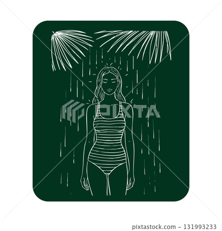 Woman in striped swimsuit standing under rain with tropical leaves background vector illustration Woman in striped swimsuit standing under rain with tropical leaves background vector illustration 131993233