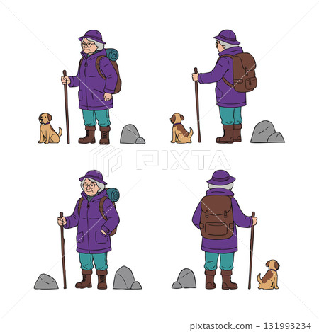 Elderly woman hiking with dog and backpack wearing purple jacket and hat vector illustration 131993234