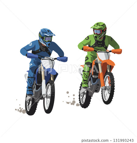 Two motocross riders in blue and green gear racing dirt bikes on white background vector illustration 131993243