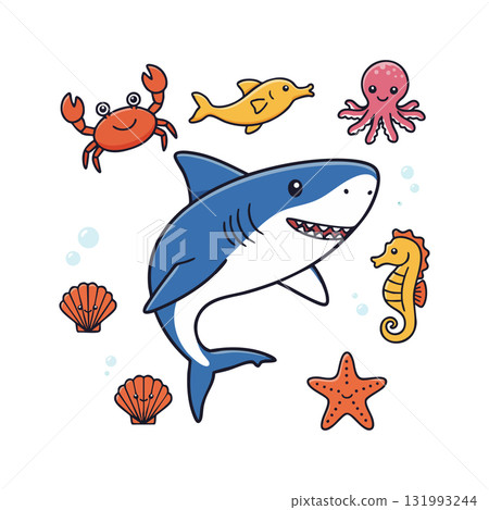 Cartoon shark and diverse sea animals including crab octopus seahorse starfish shell vector illustration 131993244