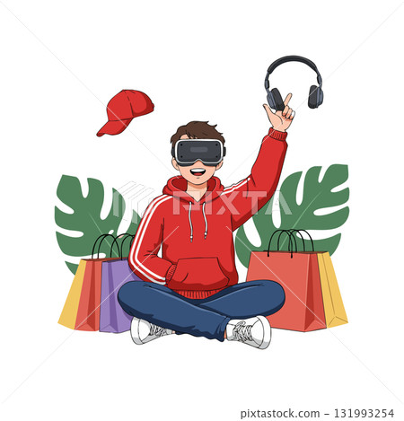 Young man using virtual reality headset with headphones and shopping bags vector illustration 131993254