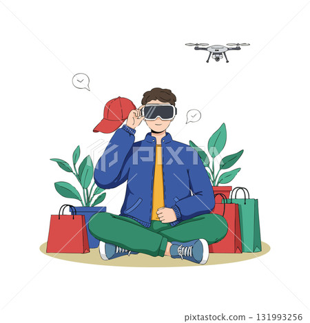 Man wearing virtual reality goggles controlling drone with shopping bags and plants vector illustration 131993256