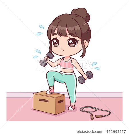 Young woman exercising with dumbbells and step box indoor fitness workout vector illustration Young woman exercising with dumbbells and step box indoor fitness workout vector illustration 131993257