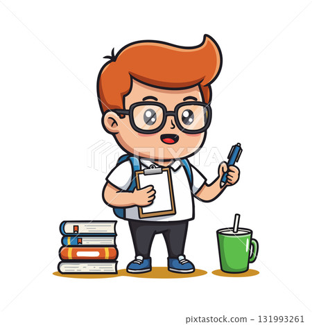 Red haired student boy holding clipboard and pen with books and cup vector illustration 131993261