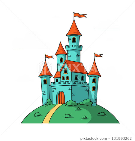 Fantasy castle with red roofs and flags on green hill illustration vector 131993262