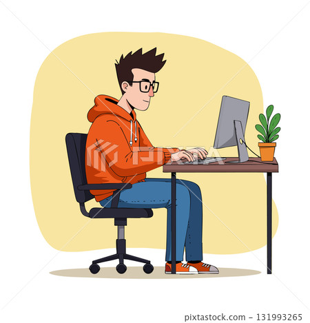 Young man working on computer in orange hoodie sitting at desk vector illustration 131993265