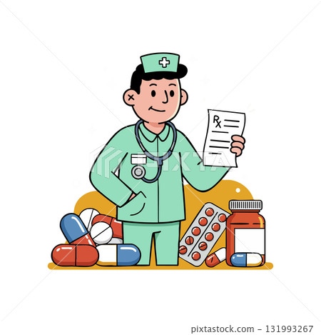 Medical nurse holding prescription with pills and medicine bottles vector illustration 131993267