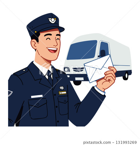 Postman holding envelope with delivery truck behind cheerful postal worker vector illustration 131993269