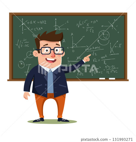 Male Teacher Explaining Math Formulas on Green Chalkboard in Classroom Vector Illustration 131993271