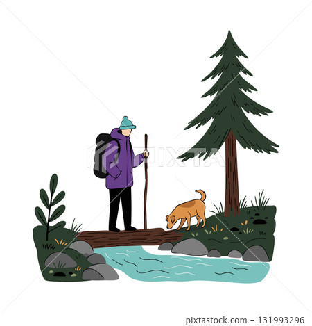 Hiker with dog crossing forest stream among trees and rocks nature adventure vector illustration 131993296