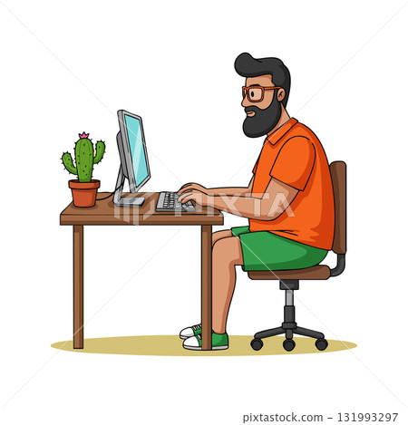 Man Working on Computer at Desk Wearing Orange Shirt and Green Shorts Vector Illustration 131993297