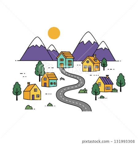 Mountain village landscape with winding road and colorful houses under sun vector illustration Mountain village landscape with winding road and colorful houses under sun vector illustration 131993308