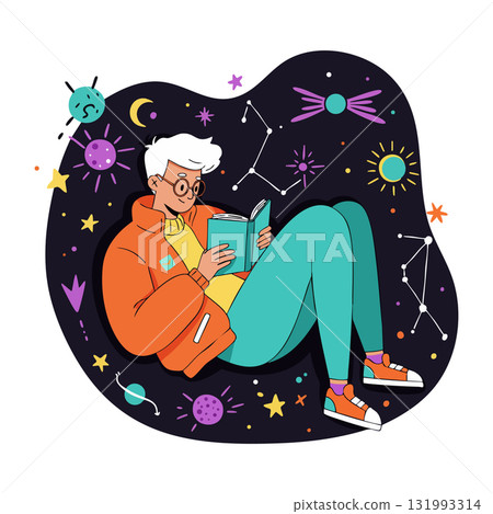 Person reading book surrounded by colorful space elements and constellations vector illustration Person reading book surrounded by colorful space elements and constellations vector illustration 131993314