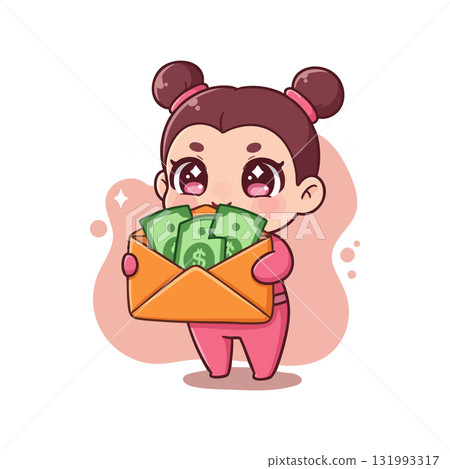 Cute cartoon girl holding envelope with money cash bills vector illustration Cute cartoon girl holding envelope with money cash bills vector illustration 131993317