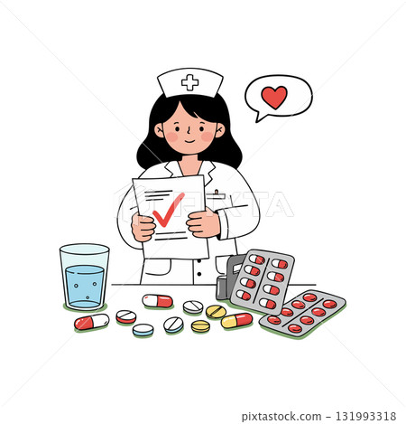 Nurse holding checklist with medicine pills and glass of water healthcare vector illustration 131993318