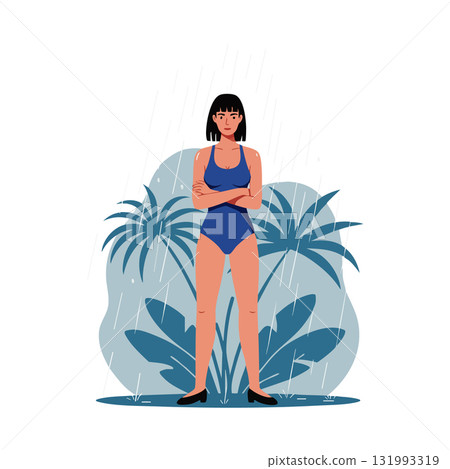 Woman Standing in Blue Swimsuit with Crossed Arms Under Rain with Tropical Leaves Background Vector Illustration 131993319
