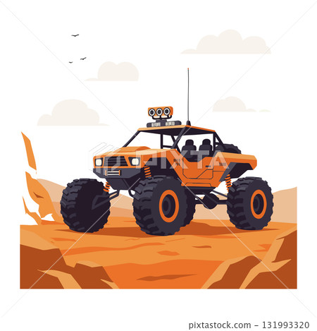 Orange off-road monster truck vehicle with large wheels on rocky terrain vector illustration 131993320