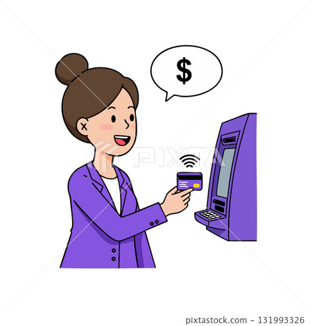 Woman using contactless payment card at purple ATM machine for financial transaction vector illustration Woman using contactless payment card at purple ATM machine for financial transaction vector illustration 131993326