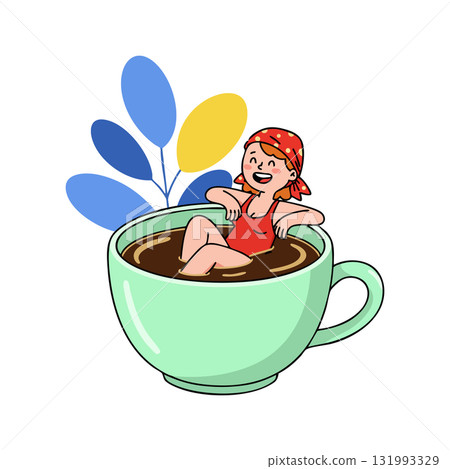 Woman relaxing in red swimsuit bathing in large green cup of coffee with colorful leaves vector illustration Woman relaxing in red swimsuit bathing in large green cup of coffee with colorful leaves vector illustration 131993329