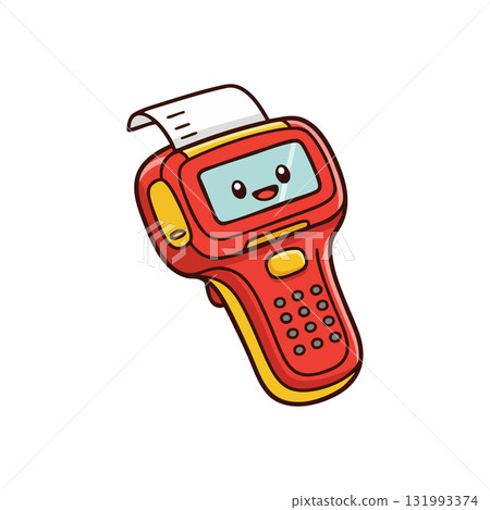 Cute red handheld payment terminal with smiling face and receipt vector illustration 131993374