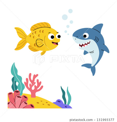 Cute yellow fish and blue shark underwater with colorful coral reef vector illustration 131993377