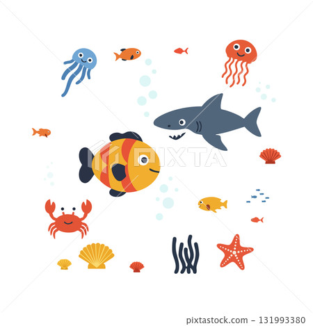 Colorful underwater sea life with fish, shark, jellyfish, crab, and starfish vector illustration Colorful underwater sea life with fish, shark, jellyfish, crab, and starfish vector illustration 131993380