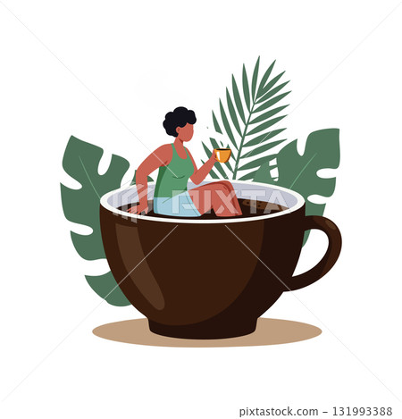 Woman sitting inside large coffee cup drinking surrounded by tropical leaves vector illustration 131993388