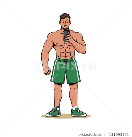 Muscular man taking selfie with smartphone in green shorts and sneakers vector illustration Muscular man taking selfie with smartphone in green shorts and sneakers vector illustration 131993391