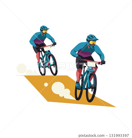 Mountain Bikers Racing on Dirt Trail Vector Illustration in Action Scene Mountain Bikers Racing on Dirt Trail Vector Illustration in Action Scene 131993397