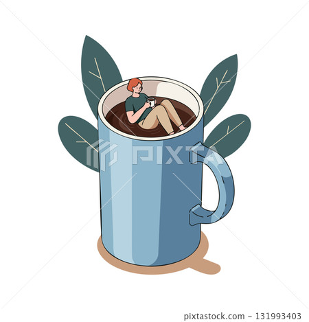 Woman Relaxing in Large Blue Coffee Cup with Green Leaves Vector Illustration Woman Relaxing in Large Blue Coffee Cup with Green Leaves Vector Illustration 131993403
