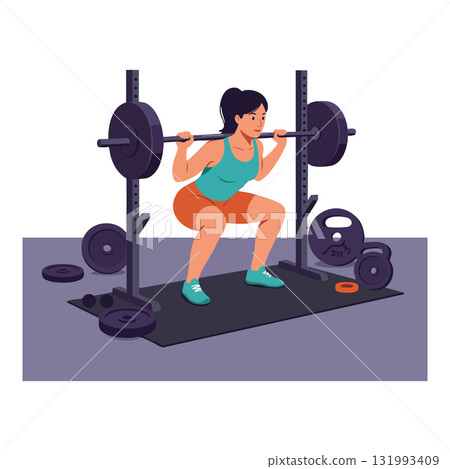 Woman weightlifting with barbell in gym workout fitness training vector illustration Woman weightlifting with barbell in gym workout fitness training vector illustration 131993409