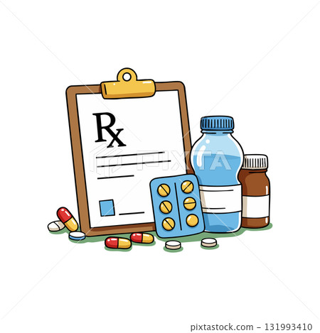 Prescription Medication Clipboard with Pills Bottles and Blister Pack Vector Illustration 131993410