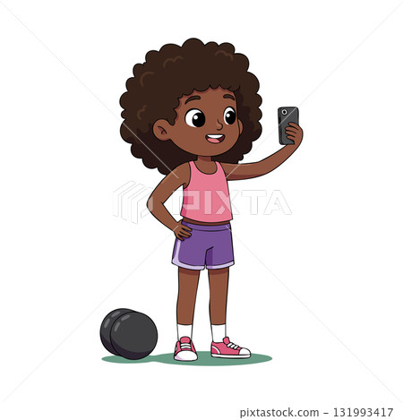 Young girl taking selfie with smartphone in casual sportswear vector illustration Young girl taking selfie with smartphone in casual sportswear vector illustration 131993417