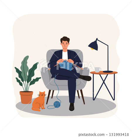 Man knitting blue yarn in armchair with orange cat and green plant vector illustration Man knitting blue yarn in armchair with orange cat and green plant vector illustration 131993418