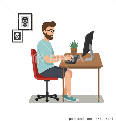 Man working on computer at desk in home office with skull art vector illustration 131993421