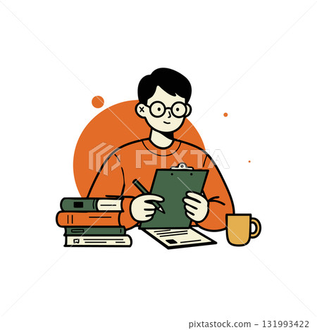 Student studying with clipboard and books in orange sweater vector illustration 131993422