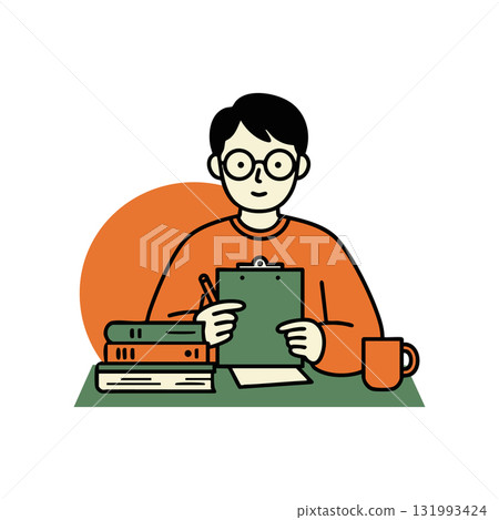 Student studying with books clipboard and coffee cup in minimalist style vector illustration 131993424
