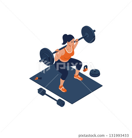 Woman Weightlifting Squat Exercise on Mat with Barbell and Dumbbells Vector Illustration 131993433
