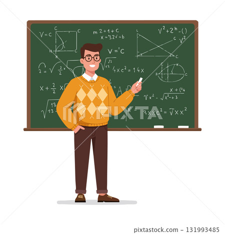 Male teacher explaining math formulas on green chalkboard in classroom vector illustration 131993485