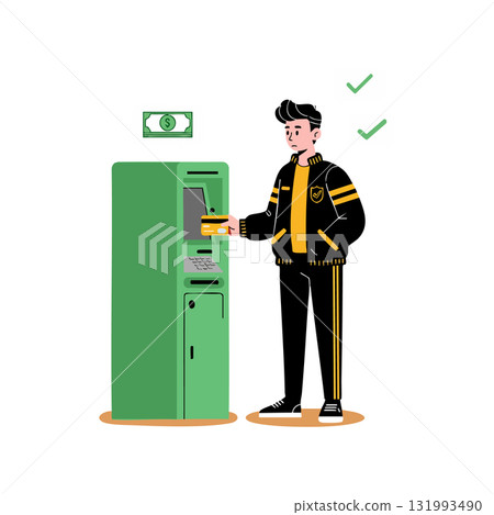 Young man withdrawing cash from green ATM machine financial transaction vector illustration 131993490