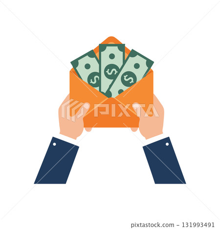 Hands Holding Orange Envelope with Dollar Bills Money Vector Illustration 131993491