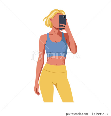 Woman in yellow pants and blue top taking selfie with smartphone vector illustration 131993497